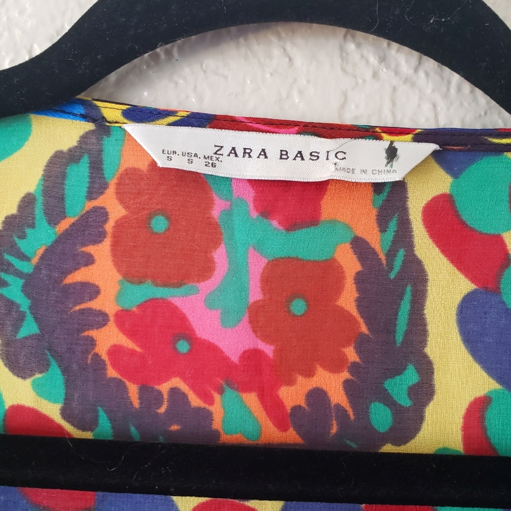 ZARA RED PINK BLACK YELLOW MULTICOLOR FLORAL PATTERNED KIMONO BLOUSE..SIZE S - Picture 4 of 6